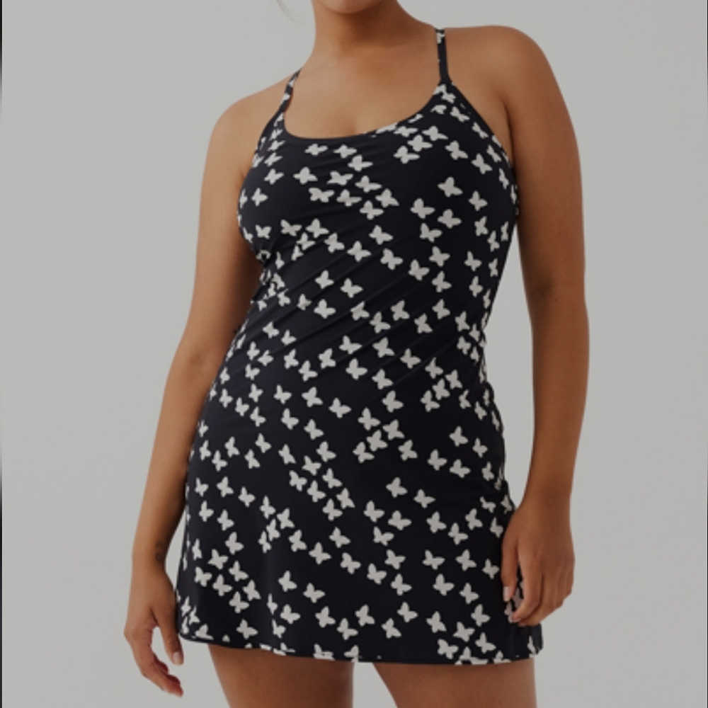Outdoor Voices Black and White Butterfly Print Exercise Dress Women's size L EUC